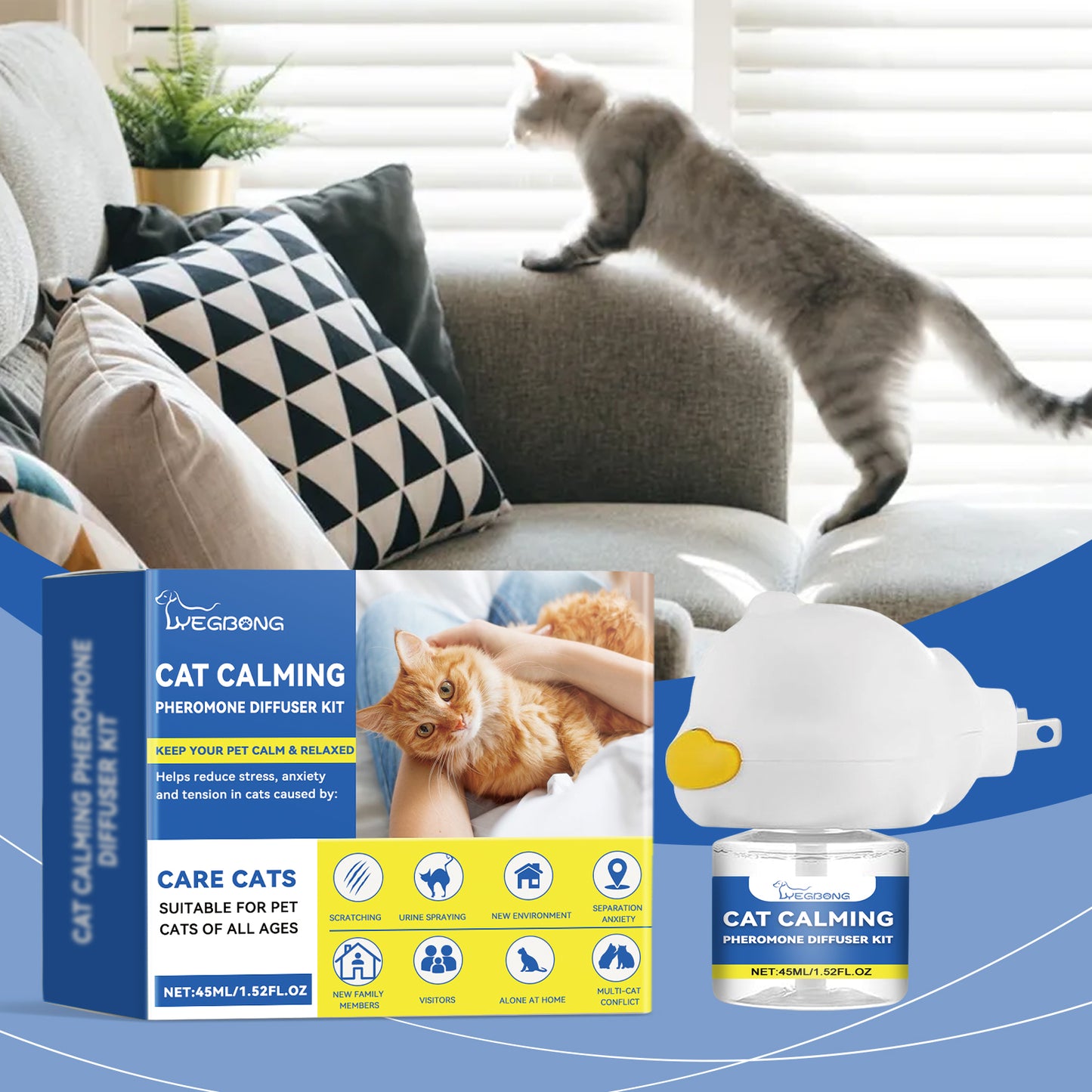 Calming diffuser kit for cats, designed to reduce anxiety and stress, ideal for all ages of pets.