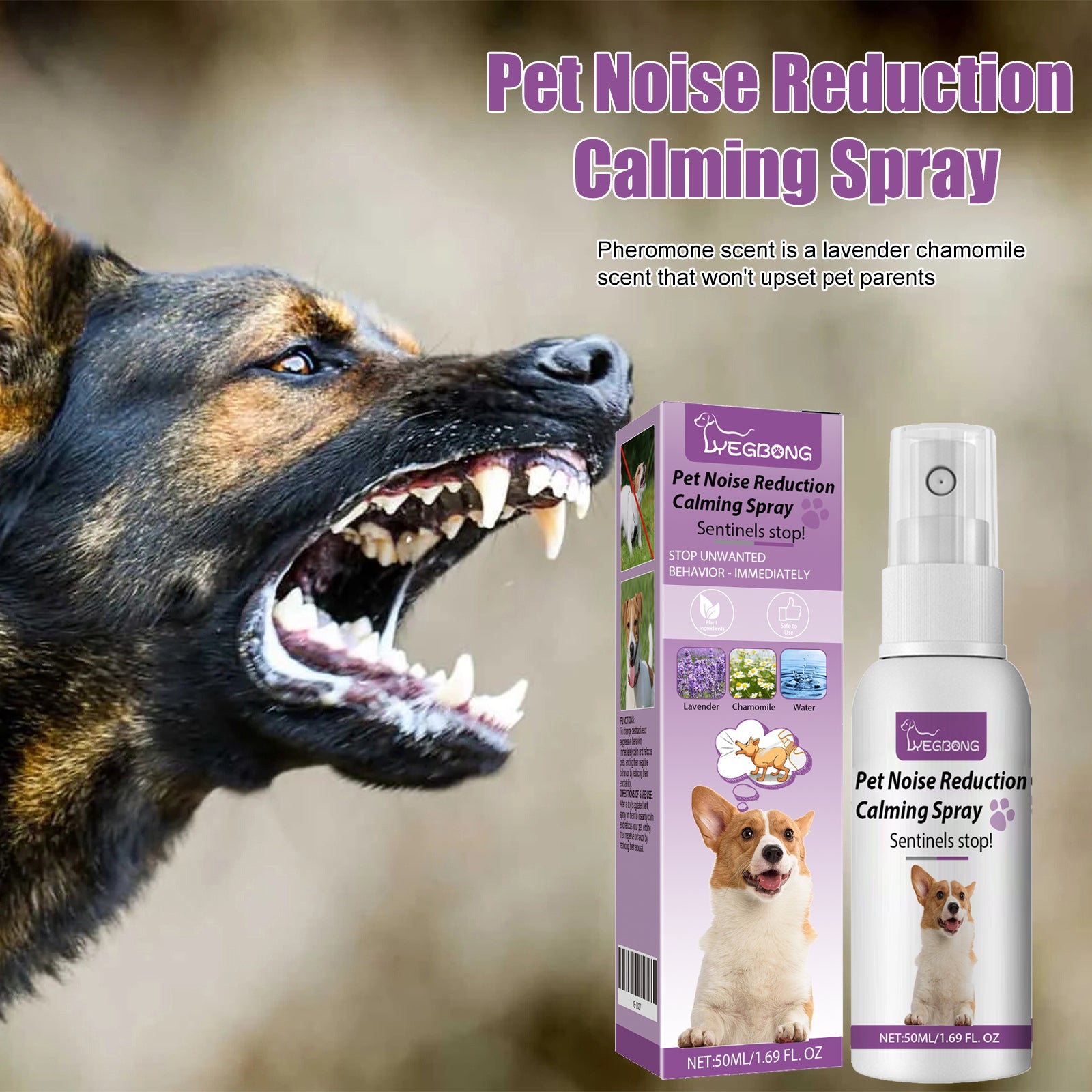 Pet noise reduction calming spray with lavender chamomile scent, designed to soothe aggressive pets and reduce barking.