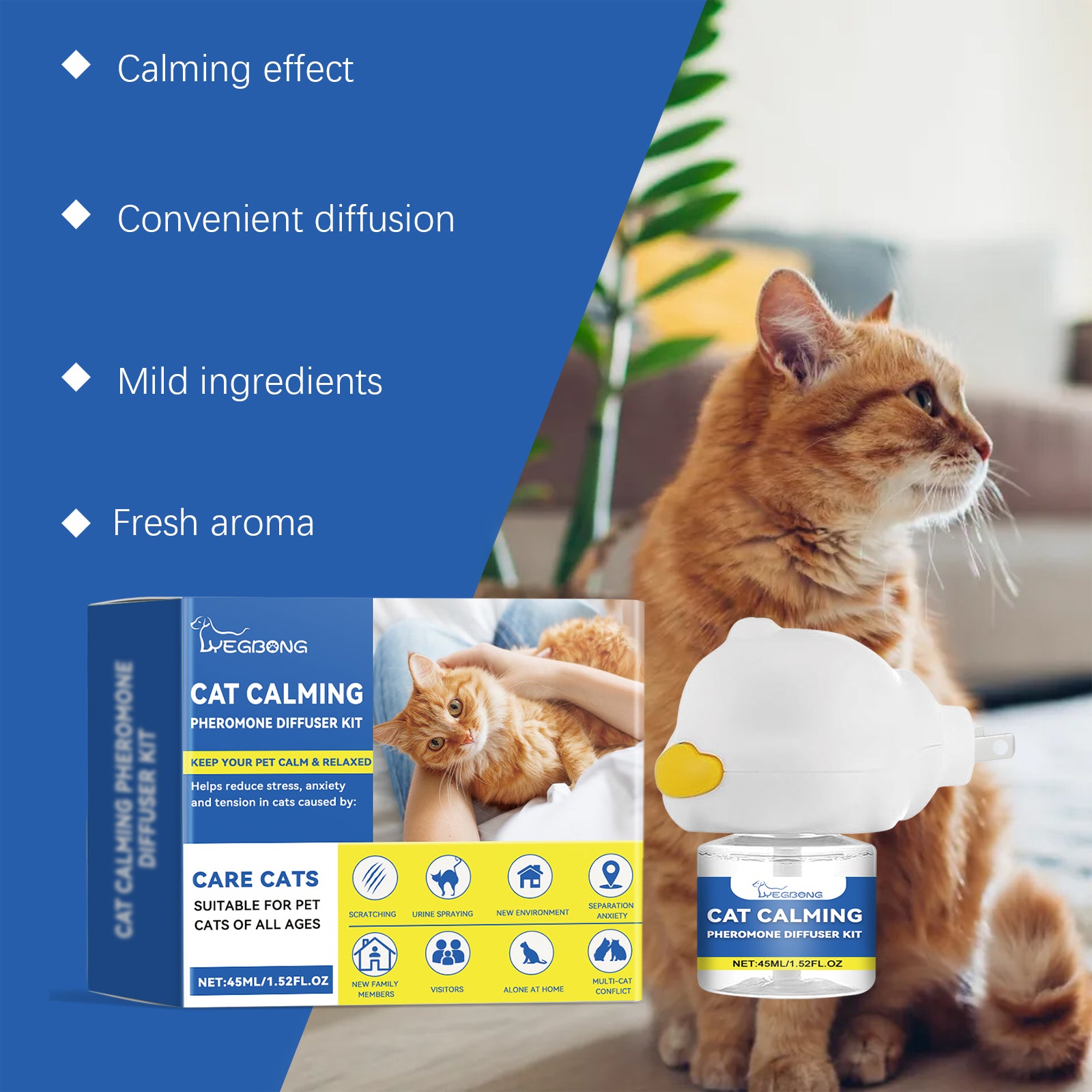 Cat calming diffuser set with soothing ingredients for reducing anxiety, featuring a fresh aroma and convenient application.
