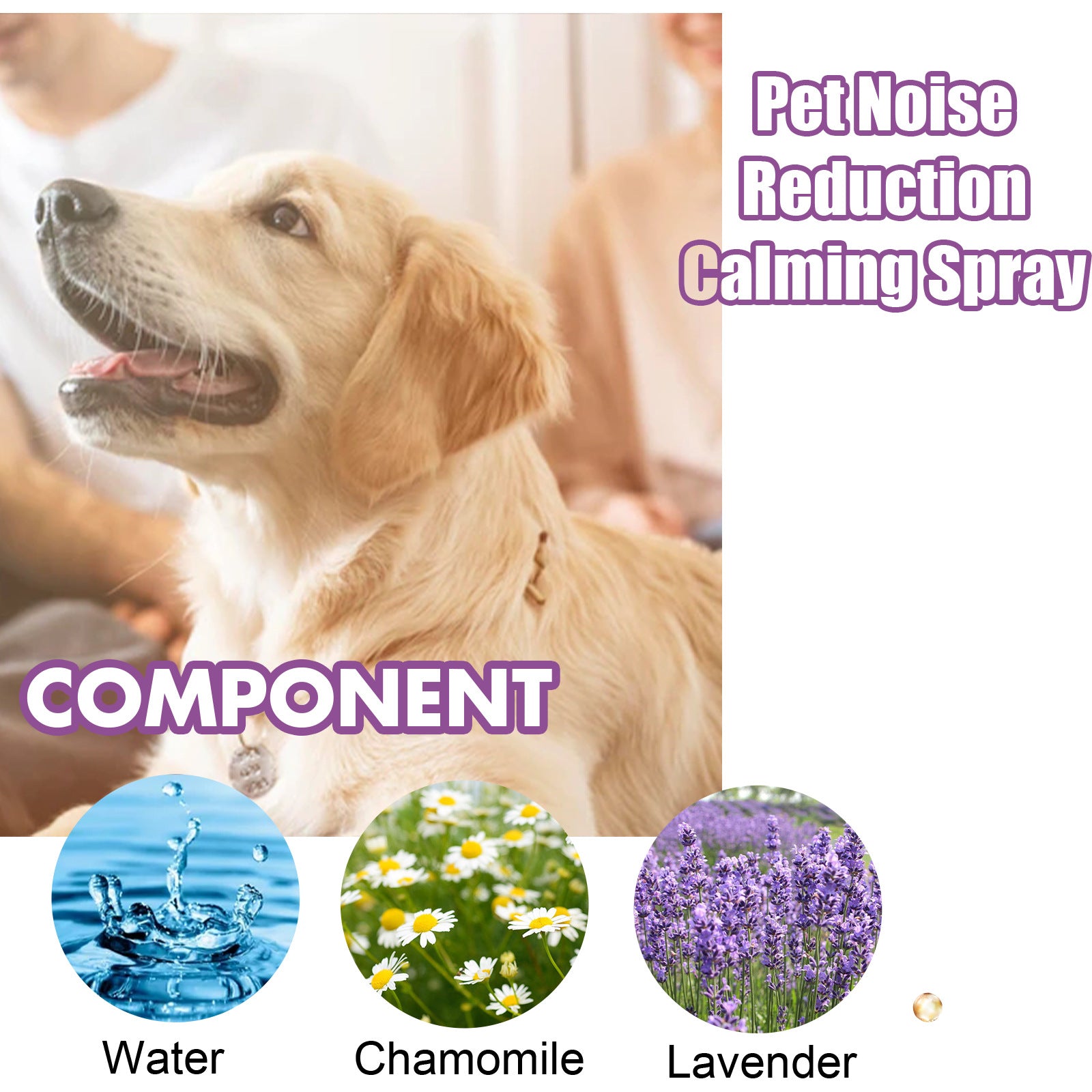 Yegbong Pet Noise Reduction Calming Spray with water, chamomile, and lavender for calming pets and reducing stress.