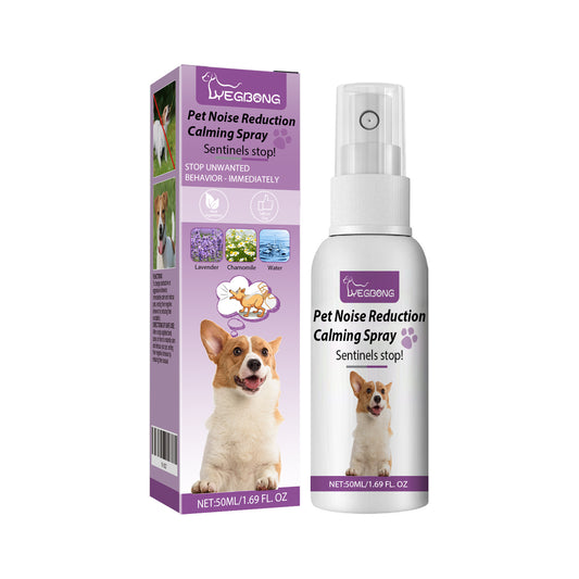Yegbong Pet Noise Reduction Calming Spray with lavender and chamomile for calming stressed pets.