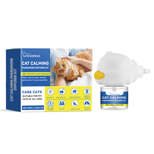 Cat calming pheromone diffuser set for stress relief in pets, featuring a relaxing design and easy usage instructions.
