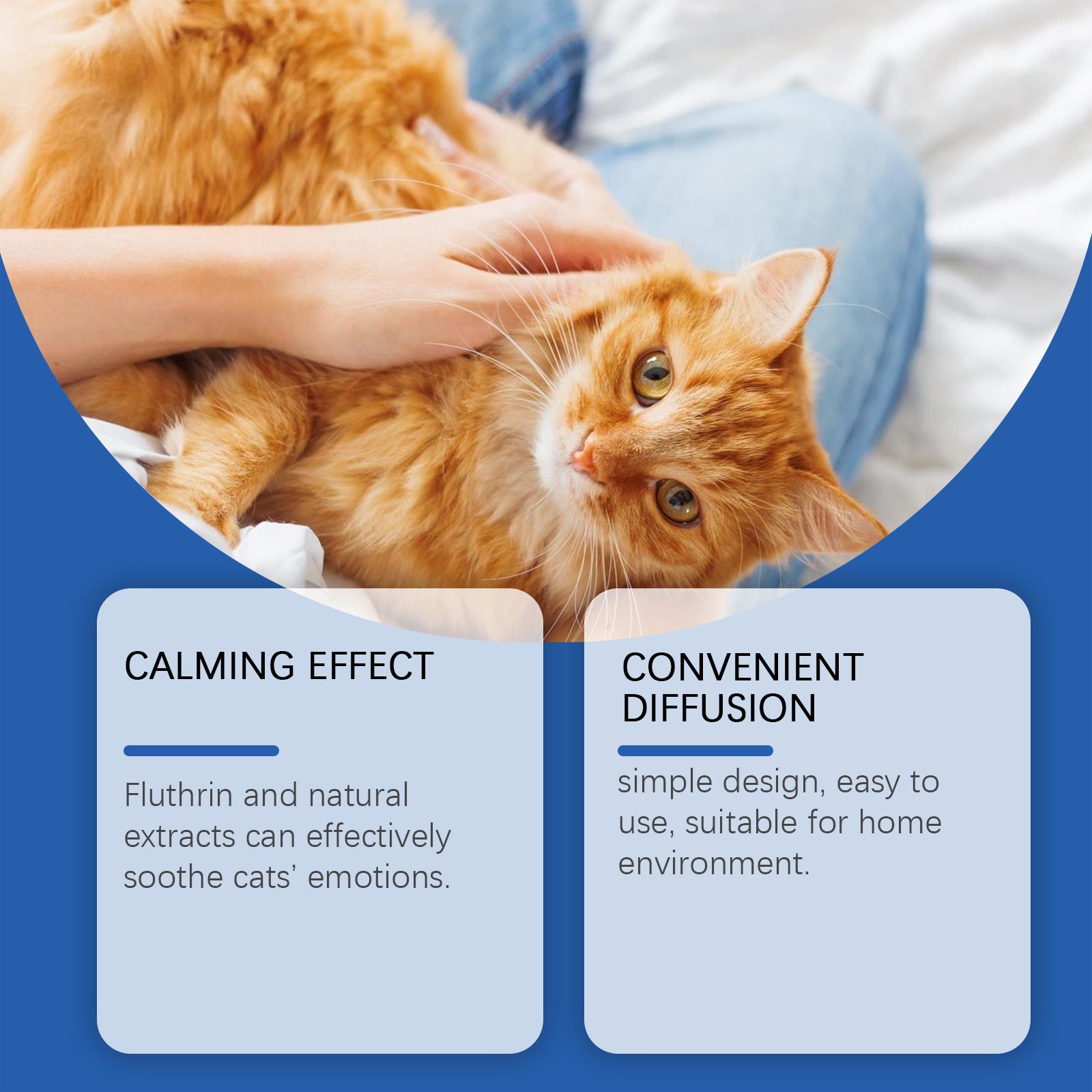 Image of a relaxed orange cat being gently stroked, showcasing calming effects and convenient diffuser design for pet wellbeing.