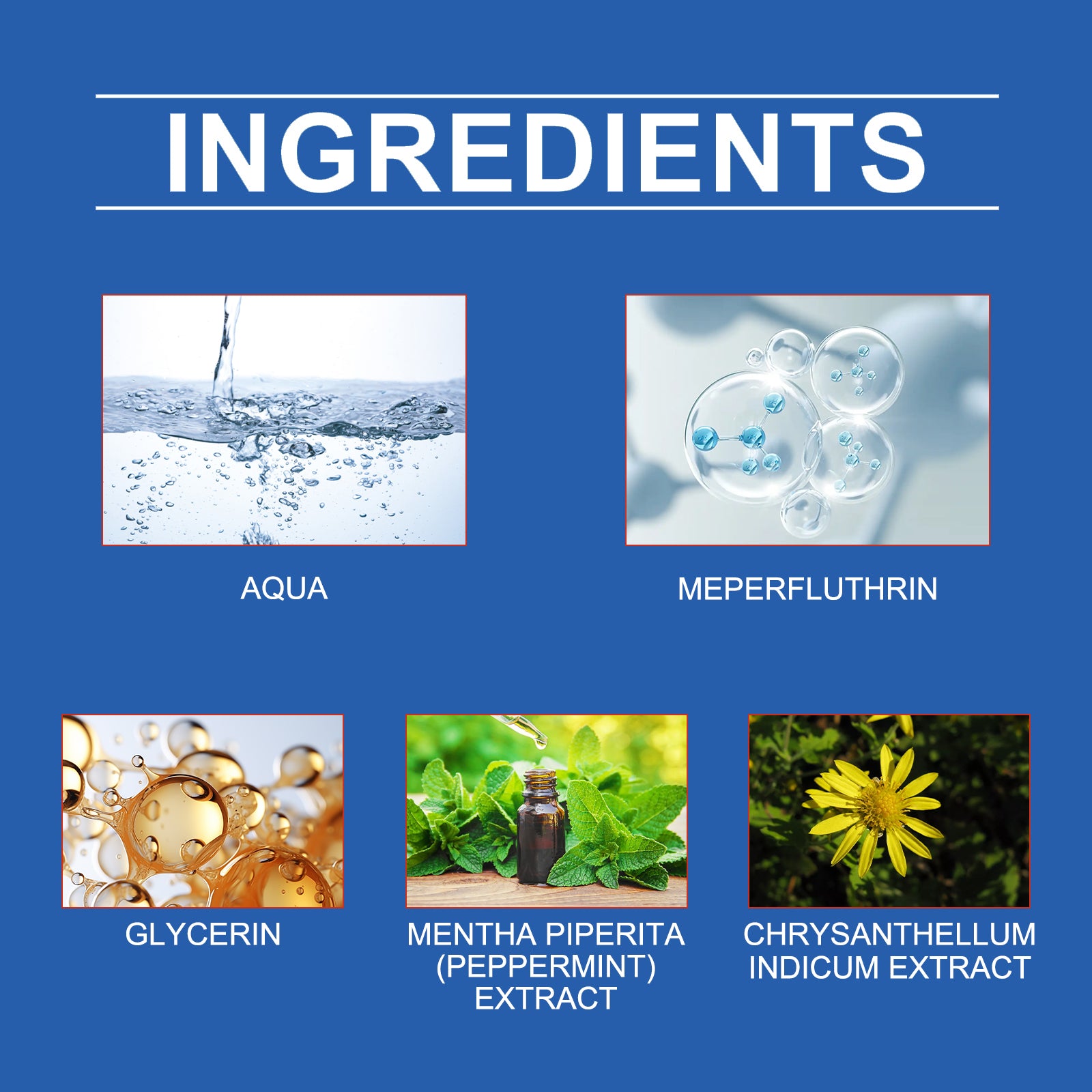 Image showing ingredients of a cat calming diffuser: Aqua, Meperfluthrin, Glycerin, Mentha Piperita Extract, Chrysanthemum Indicum Extract.